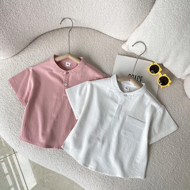 儿童夏季薄款唐装短袖衬衫男童休闲纯色半袖上衣宝宝复古短袖潮