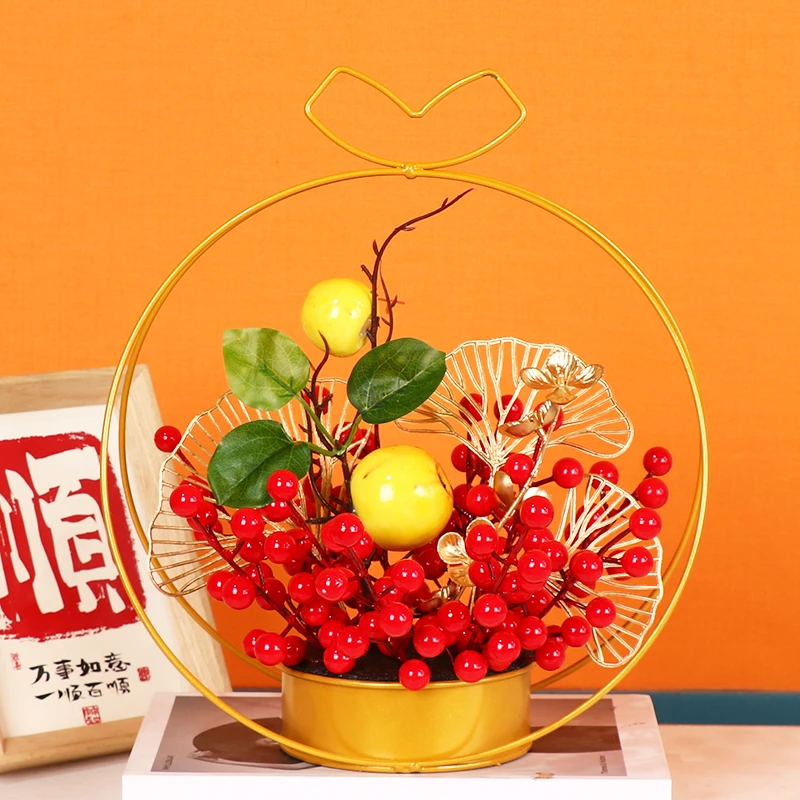 【插好发货】苹果提篮新年摆件仿真红果结婚乔迁桌面办公室摆件礼物