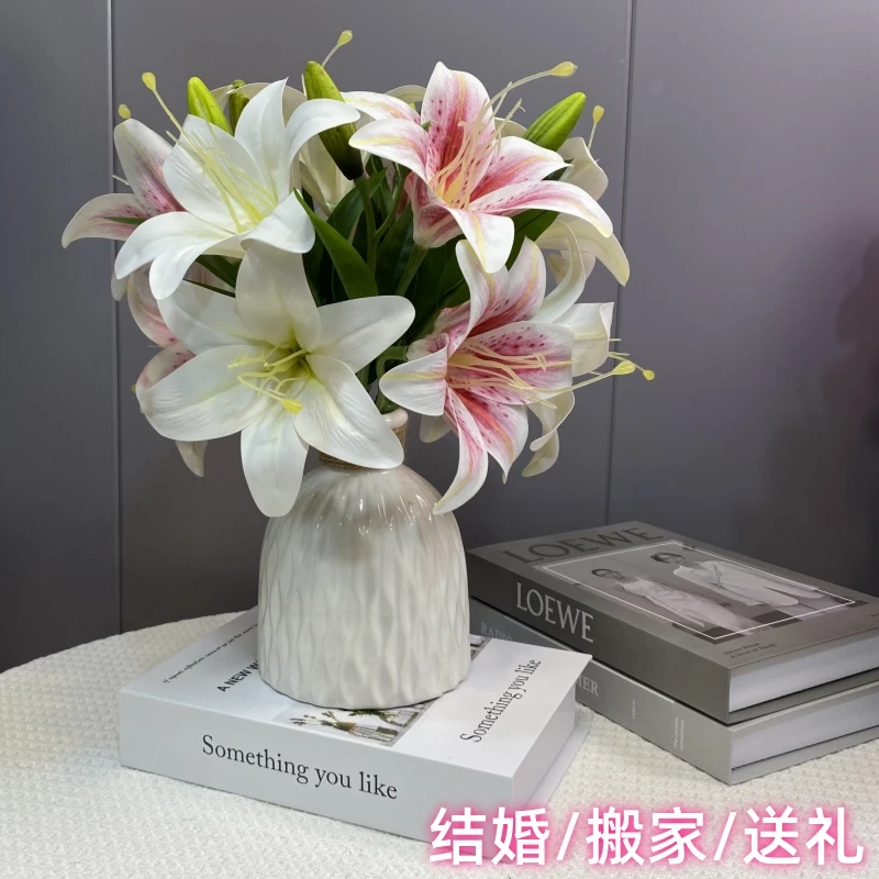 仿真花百合花电视柜两边书桌餐厅结婚摆件百年好合白百合粉百合