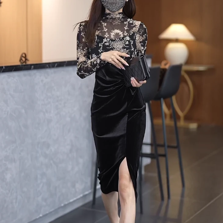 花色拼接气质显瘦女人味连衣裙Q191129