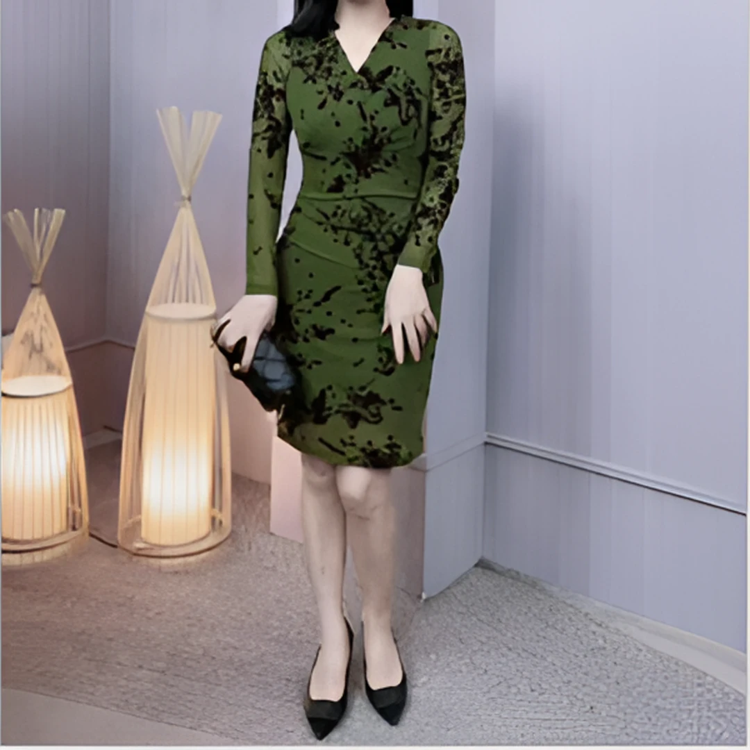 秋冬连衣裙显瘦气质长袖时尚绿色Q19735