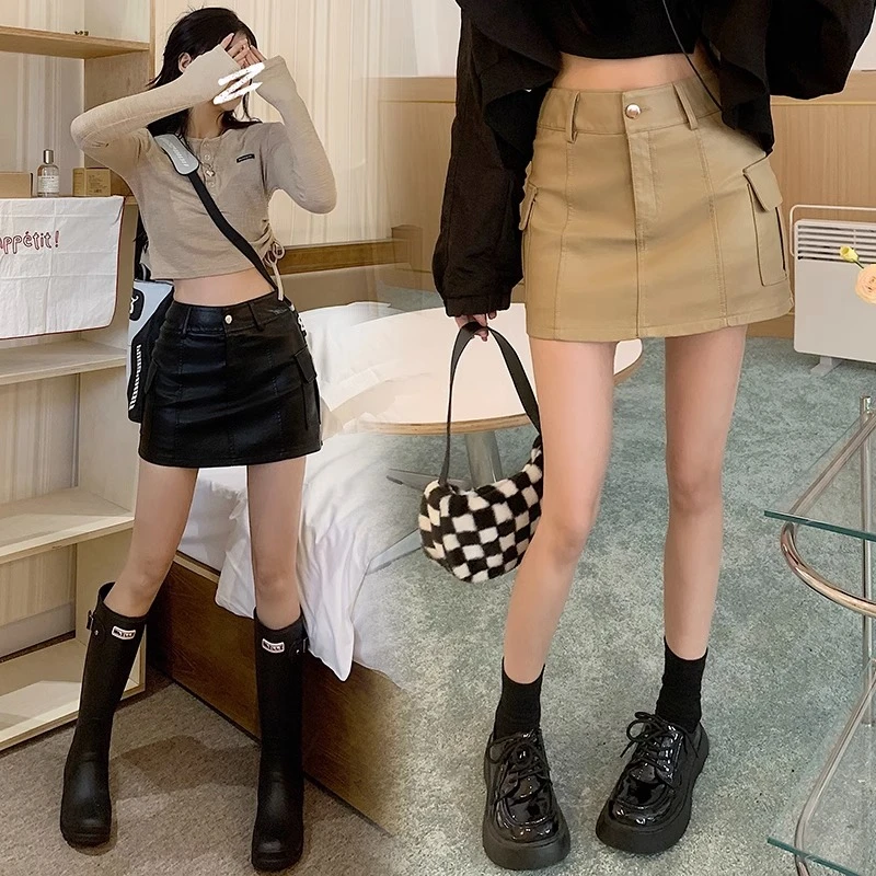 美式辣妹黑色工装PU皮裙2025春夏显瘦包臀裙修身半身裙假口袋短裙