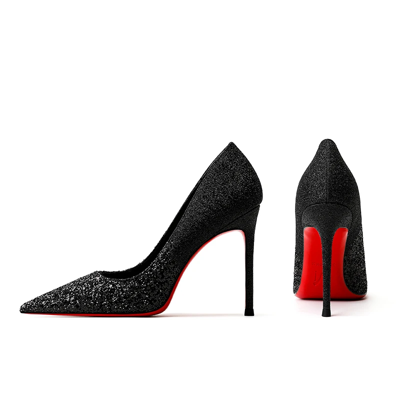 2025秋季新款亮片黑色尖头红底高跟鞋高级细跟时尚单鞋浅口高跟鞋