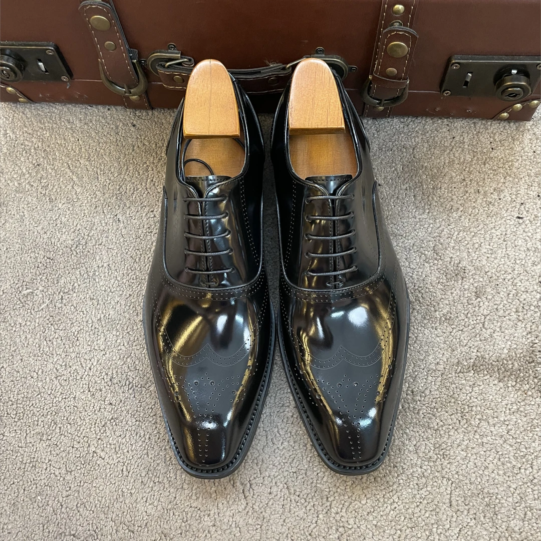 CB男鞋开边珠系带布洛克雕花欧版手工鞋商务婚宴办公室男鞋黑色