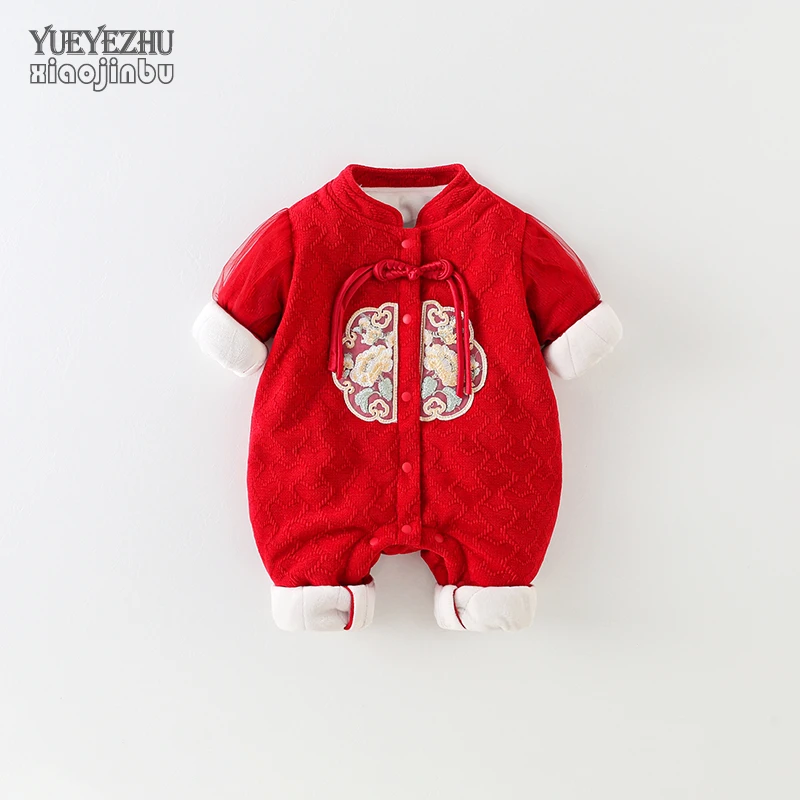 加棉婴儿衣服深秋装薄棉女宝宝国风连体衣初冬红色喜庆新年装百天
