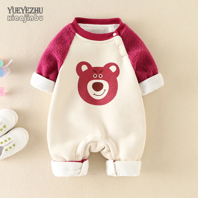 网红婴儿衣服秋装加绒草莓熊卫衣女宝宝连体衣秋冬季超萌洋气哈衣