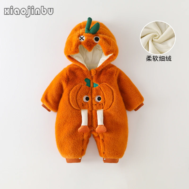 宝宝加绒加厚连体衣冬装可爱南瓜毛毛衣婴儿衣服冬季保暖外出外套