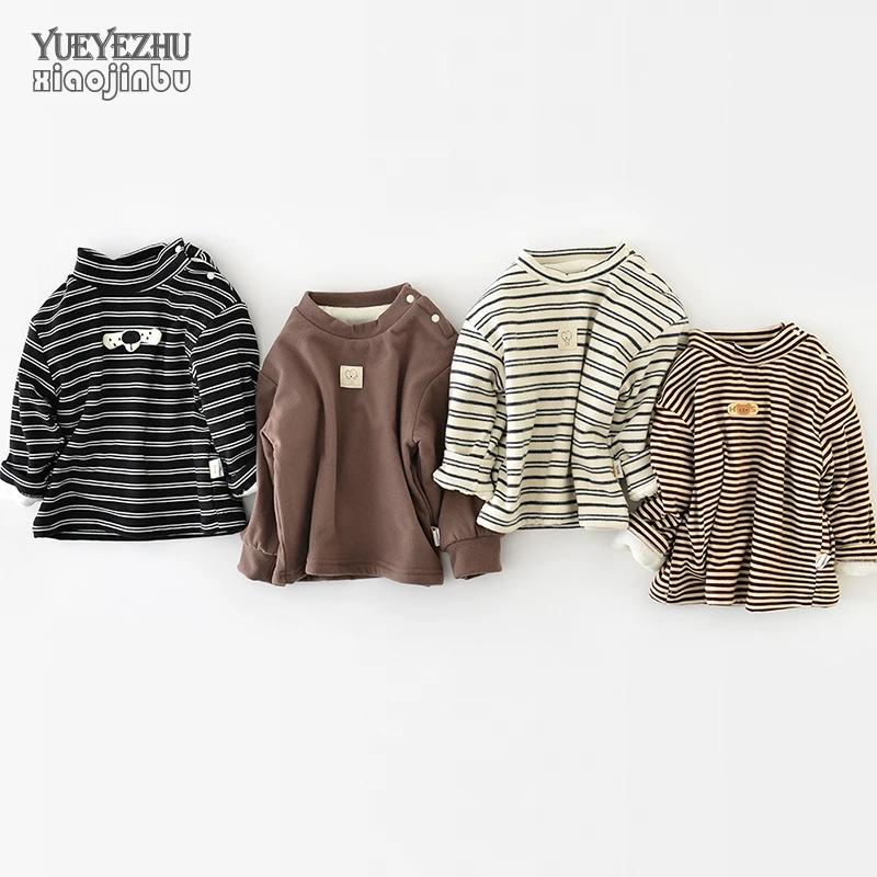 儿童打底衫秋冬长袖加绒T恤宝宝半高领套头上衣小童休闲条纹内搭