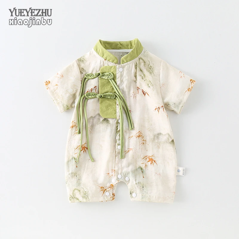 婴儿中国风连体衣夏季男宝宝百日宴衣服夏装中式洋气满月服哈衣潮