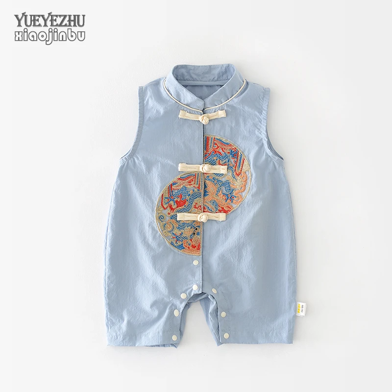 百天婴儿衣服夏季国潮中式刺绣哈衣男宝宝无袖连体衣夏装薄款外出