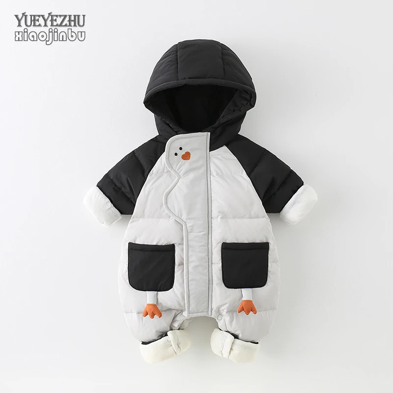 婴儿羽绒服连体衣冬季男宝宝衣服冬装白鸭绒连帽外套卡通可爱哈衣