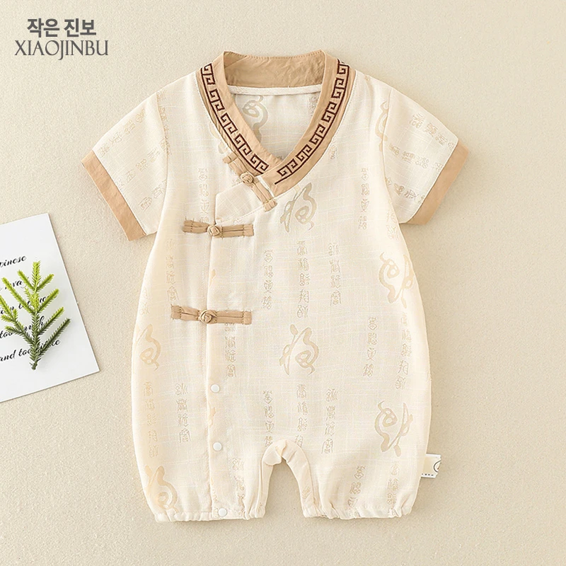 婴儿棉麻衣服夏装薄款古风汉服宝宝百天唐装夏季斜襟连体衣满月服