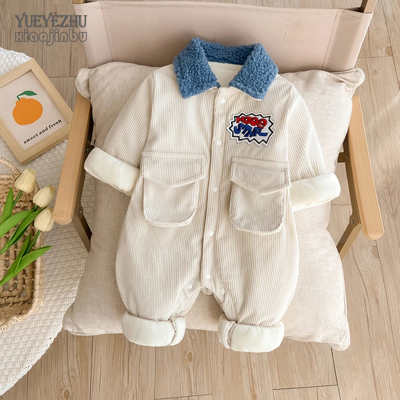 婴儿灯芯绒衣服秋冬装加厚男宝宝帅气连体衣深秋款韩版洋气外出服
