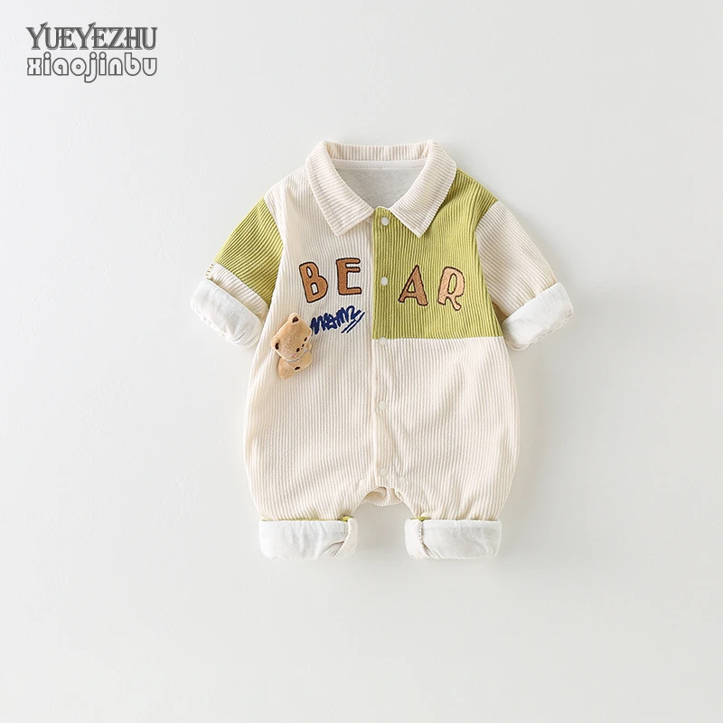 婴儿条绒衣服秋装一岁男宝宝秋款连体衣韩版洋气幼儿春秋外出爬服