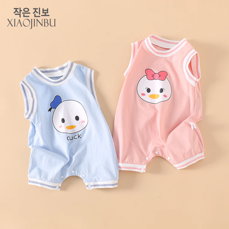 婴儿夏装无袖连体衣男女宝宝背心衣服夏季薄款纯棉开档护肚新生儿