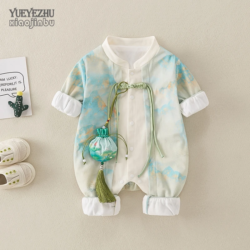 婴儿衣服秋装中国风汉服宝宝双层连体衣春秋百天满月哈衣周岁装潮