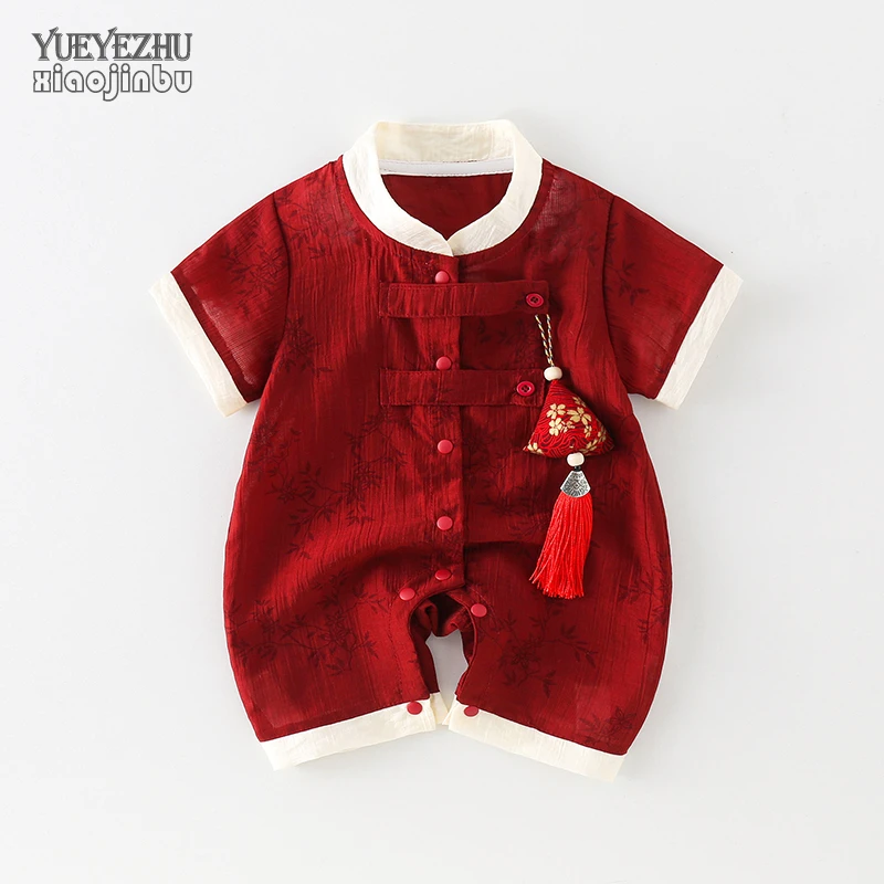 中国风婴儿衣服夏装红色喜庆满月服宝宝百日宴连体衣夏季周岁礼服