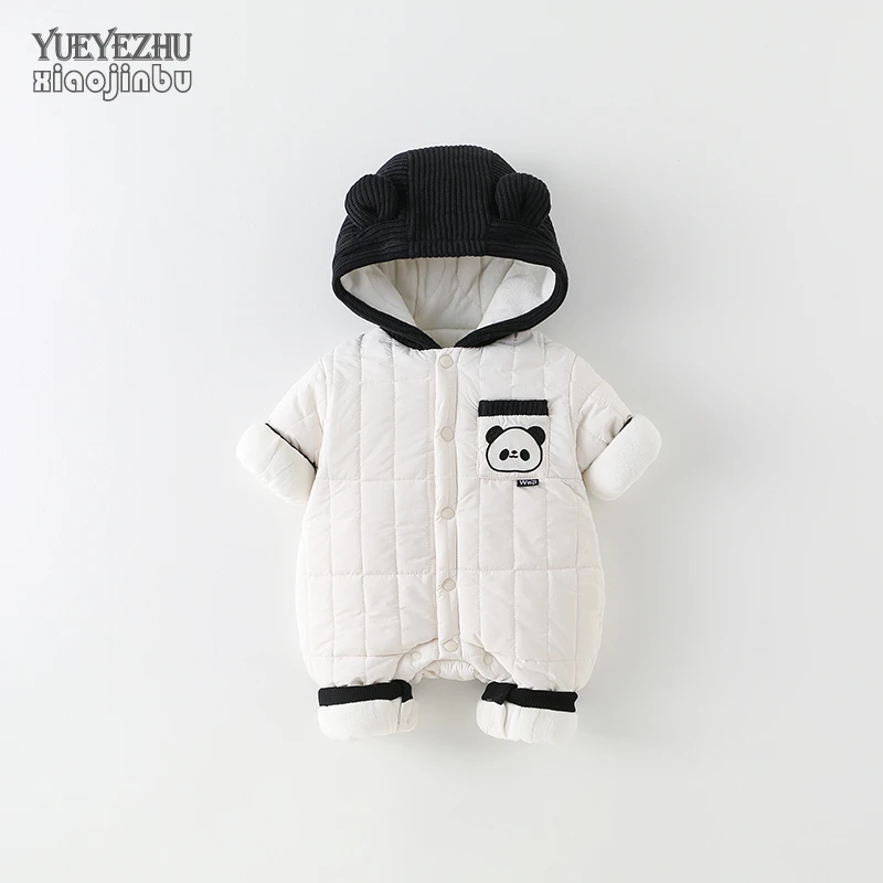 男宝宝熊猫衣服秋冬夹棉保暖婴儿外出连体衣冬季韩版帅气外套新生