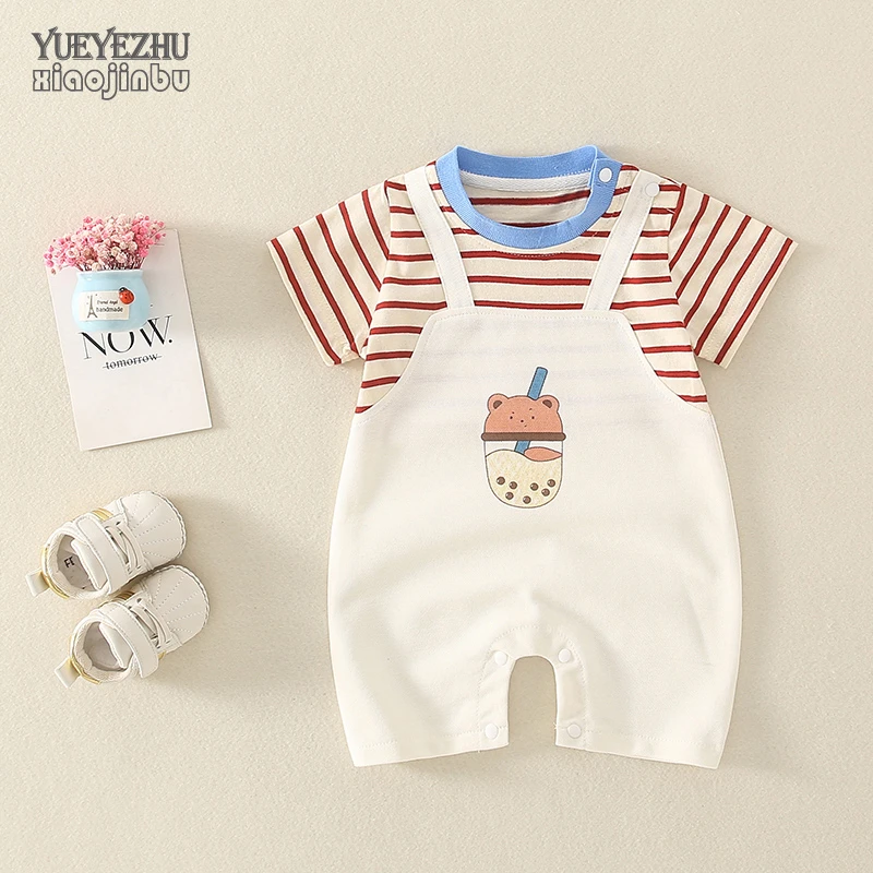 网红婴儿衣服夏装宝宝连体衣夏季短袖条纹假两件套装哈衣夏天休闲