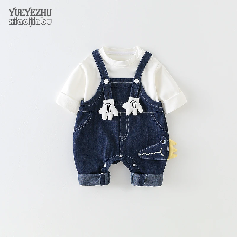 婴儿牛仔背带裤套装秋装新款男宝宝帅气衣服春秋时尚洋气外出长袖