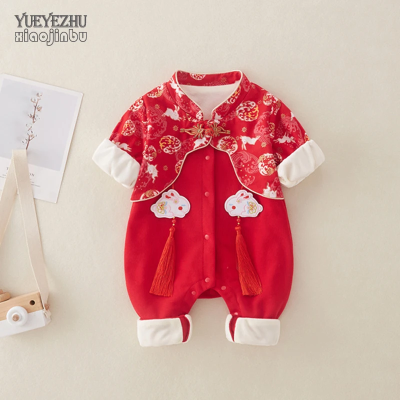 婴儿新年衣服春装加绒女宝宝中国风连体衣春秋薄绒洋气拜年过年服