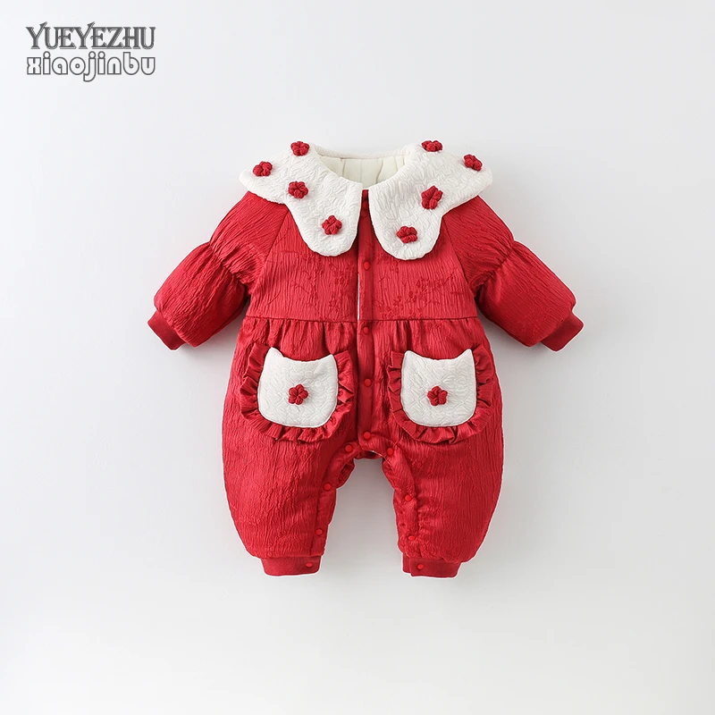 新年婴儿衣服冬装洋气公主女宝宝加绒加厚连体衣冬季红色喜庆拜年