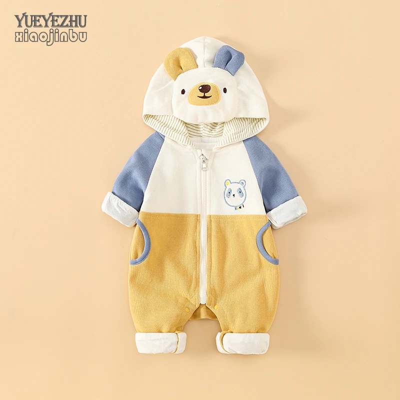 婴儿连帽外套秋季连体衣男宝宝衣服秋装可爱薄绒新生儿秋冬外出服