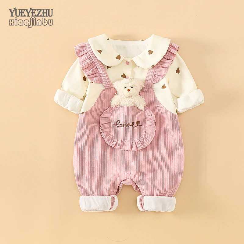 女宝宝衣服秋装洋气婴儿条绒连体衣春秋款可爱婴幼儿外套小熊哈衣