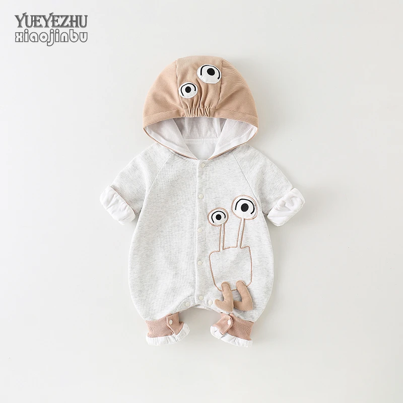 婴儿衣服秋装男宝宝连体衣春秋卡通连帽外套双层哈衣外出新生儿
