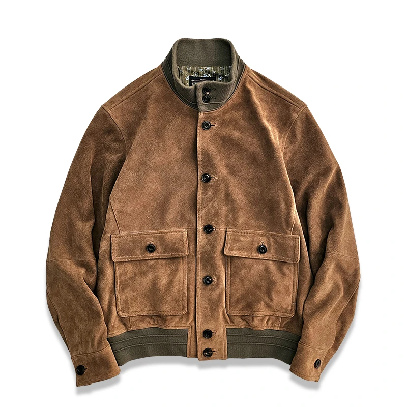 西里布J115螺纹工装立领真皮皮衣夹克男款翻毛牛皮短款外套