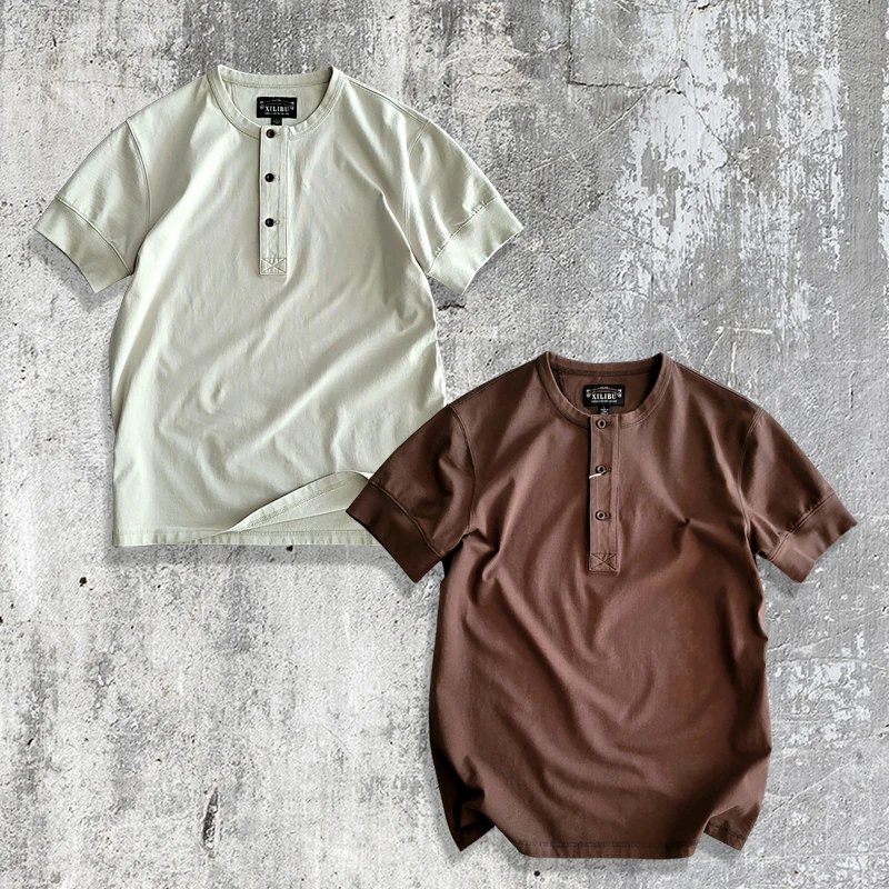 西里布B056夏季纯色纯棉重磅亨利领水洗休闲半袖T恤百搭美式复古