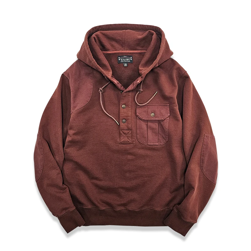 西里布Z012烟椒红全棉亨利领连帽卫衣男复古休闲重磅套头衫原创