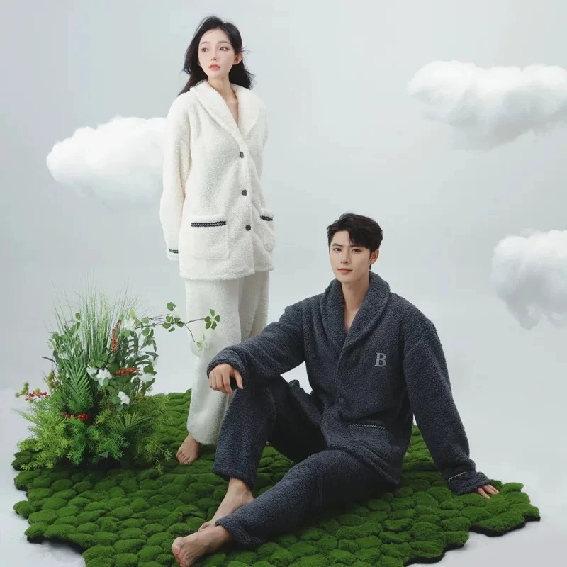 情侣宽松套装甜美韩版秋冬季加绒睡衣毛绒家居服套装