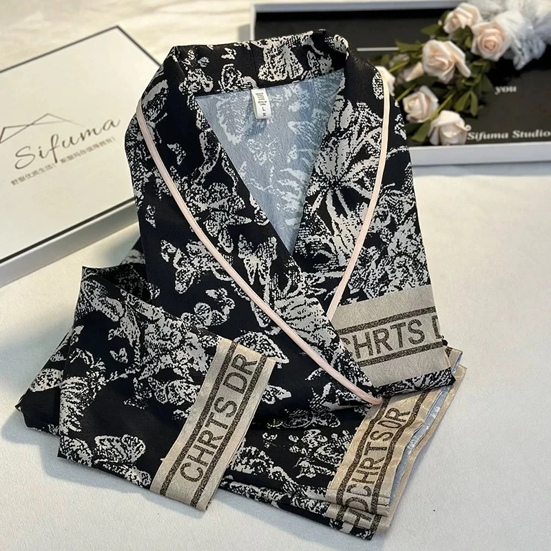 睡衣女夏季柔光肌理纹冰丝时尚家居服长袖套装男士高档百搭情侣