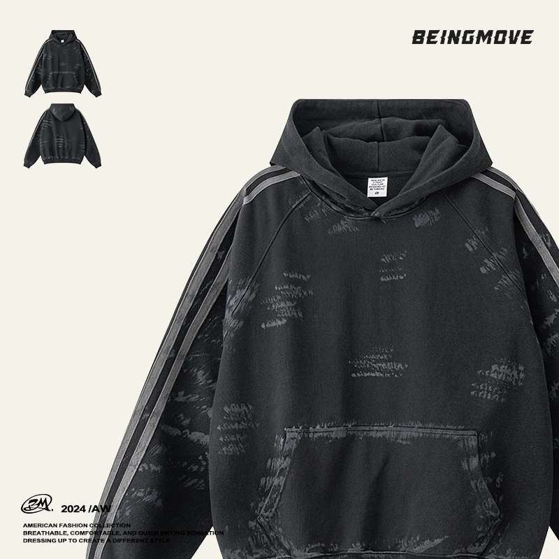BEINGMOVE水洗刷漆复古撞色拼接美式连帽卫衣潮牌高街外套W24106