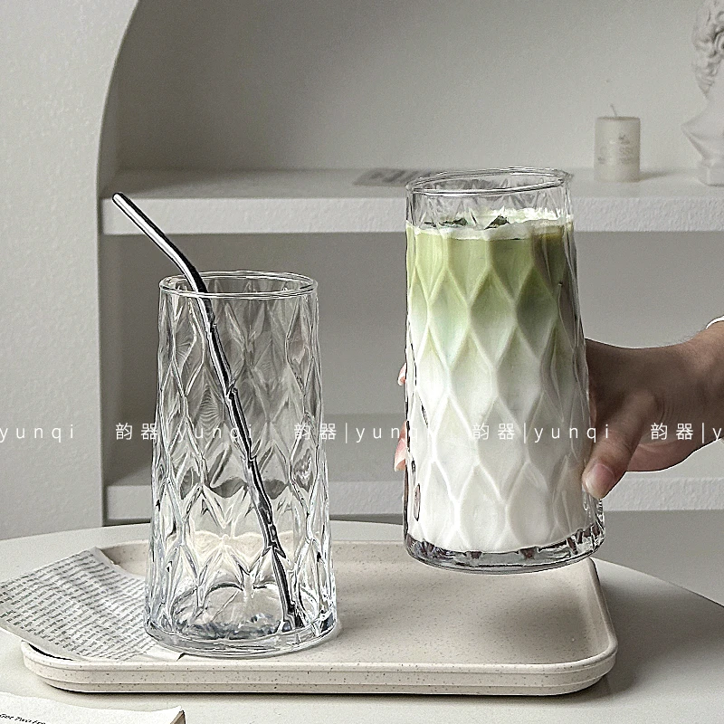 韵器玻璃杯网红简约喝水杯家用高款菱叶果汁杯创意奶茶杯茶杯透明