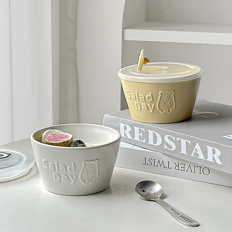 韵器ins浮雕小熊陶瓷碗燕麦早餐燕窝甜品碗酸奶水果沙拉碗高颜值