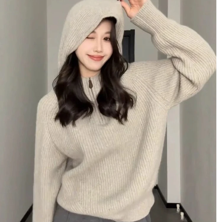 设计感连帽毛衣女秋冬2025新款冬季宽松慵懒风内搭打底针织衫上衣