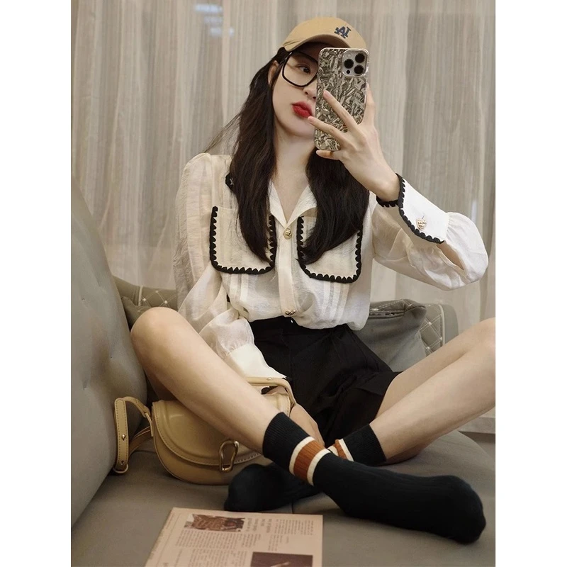 法式小香风高端白色衬衫女装早秋港风chic衬衣高级感别致长袖上衣