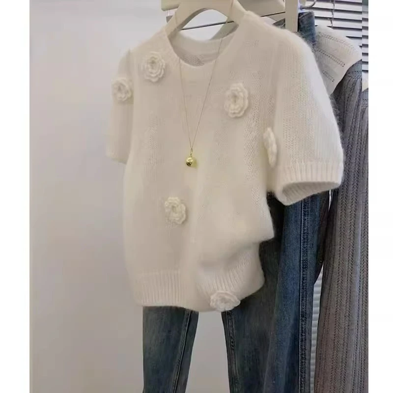 白色立体花朵正肩圆领短袖t恤女夏季收腰短款冰丝针织衫上衣薄款
