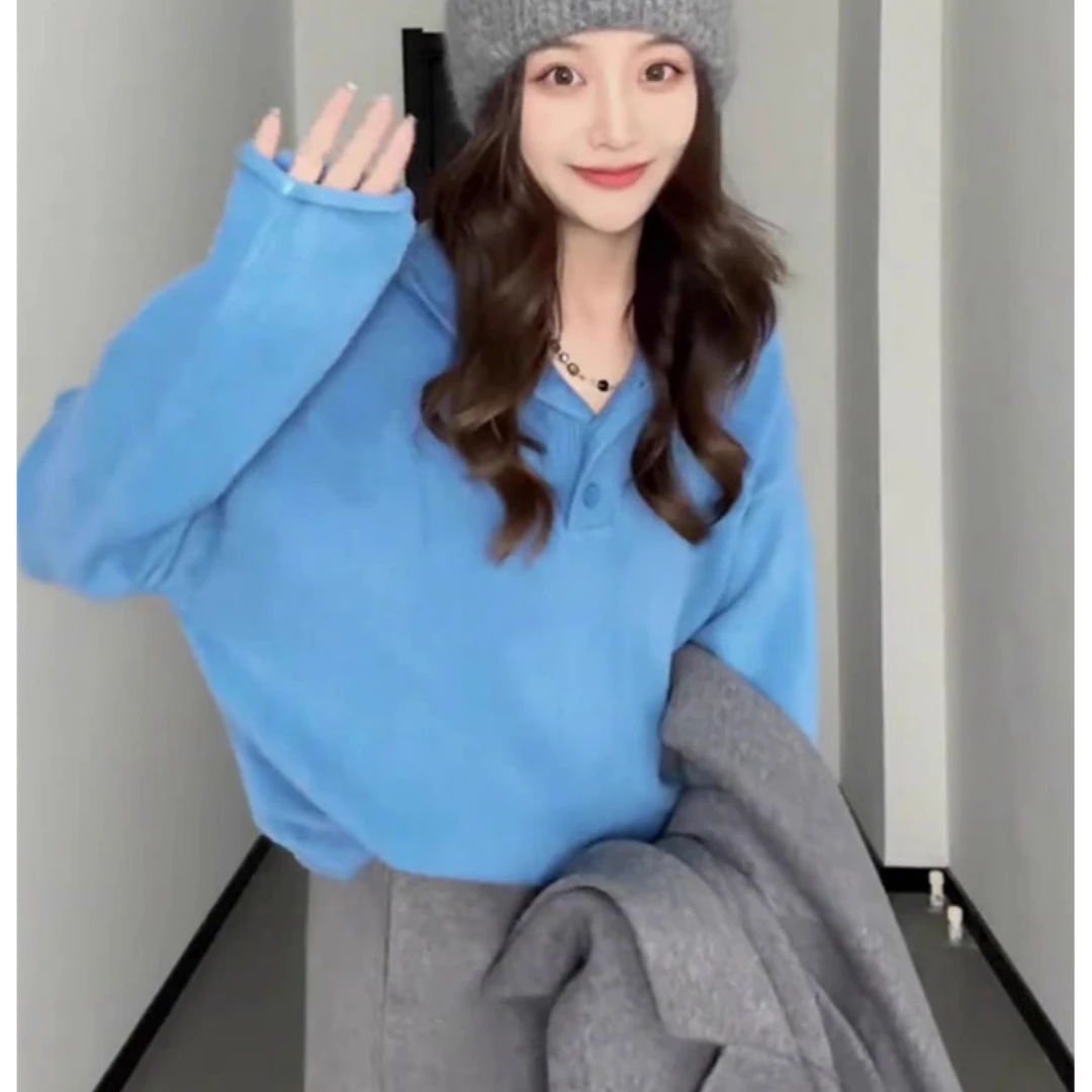 超好看蓝色连帽套头毛衣女秋冬宽松慵懒风高级感内搭打底针织上衣