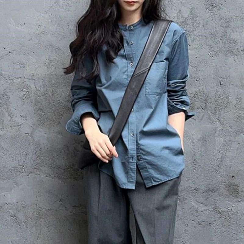 雾霾蓝叠穿长袖衬衫女秋季新款冷淡系高级感时髦宽松气质衬衣上衣