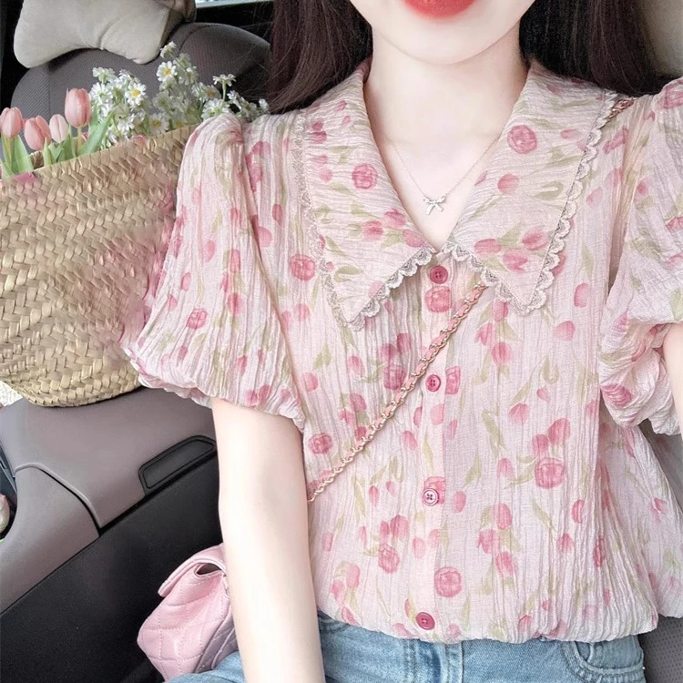 碎花雪纺娃娃领泡泡袖衬衫法式奶系温柔设计感高级翻领上衣女夏款