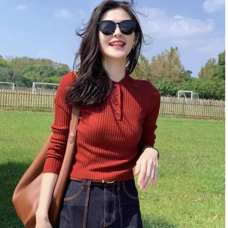 法式复古Polo领红色针织打底衫女秋冬修身短款内搭气质长袖小上衣