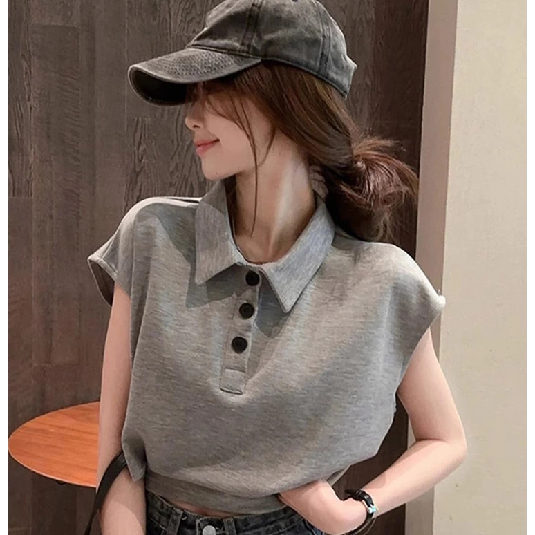 高腰镂空polo领小飞袖T恤女夏休闲宽松慵懒风短款上衣设计感小众