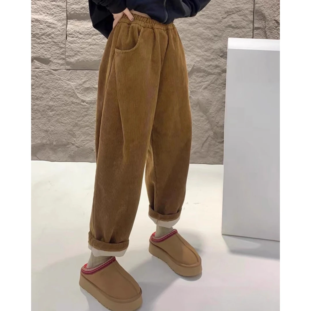 欧洲站裤子2024新款今年流行小个子灯芯绒加绒加厚咖色卫裤女秋冬
