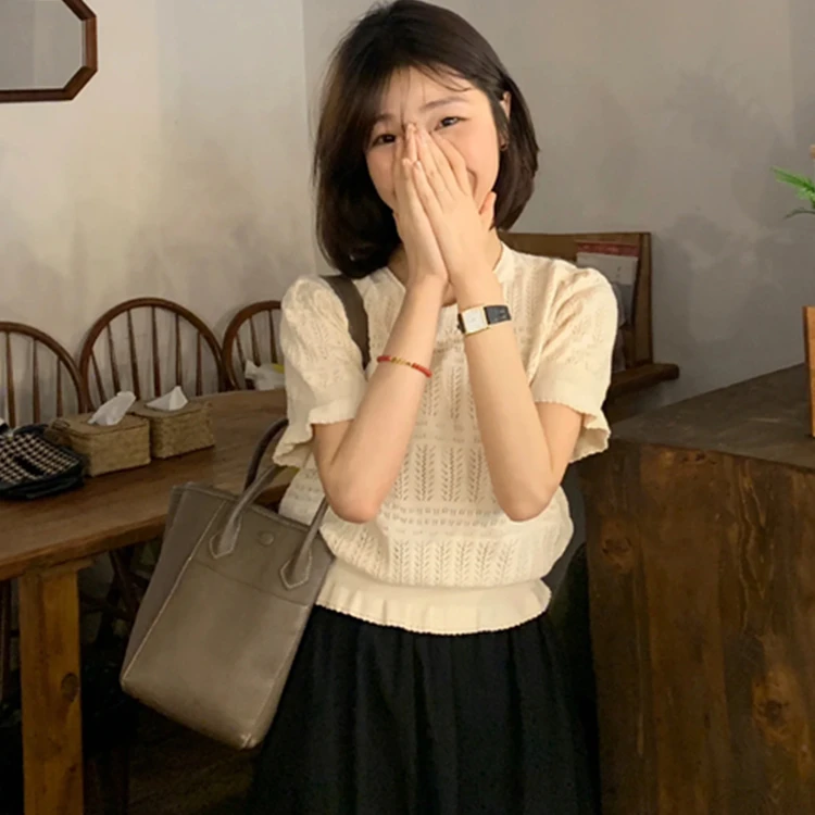 法式圆领镂空薄款冰丝针织衫短款收腰上衣夏季2025新款T恤短袖女