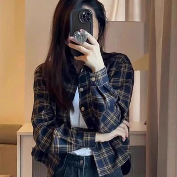 格子长袖衬衫女2025早秋新款时尚宽松短款衬衣外套polo领开衫上衣