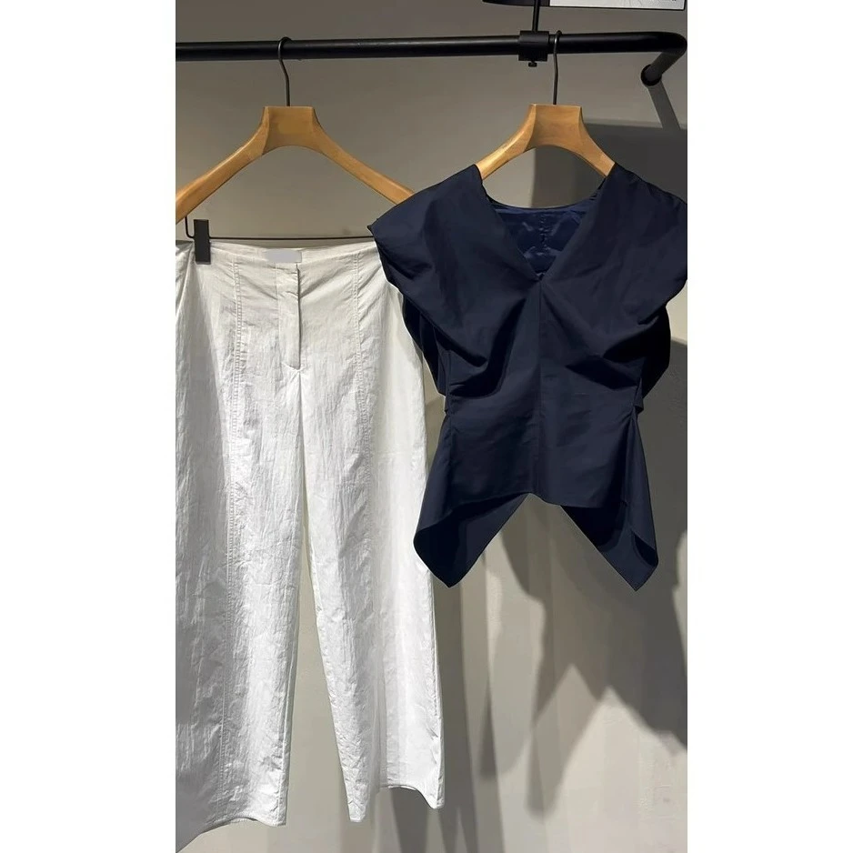 时尚炸街设计感小众不规则上衣冷淡系复古直筒阔腿裤两件套装夏季