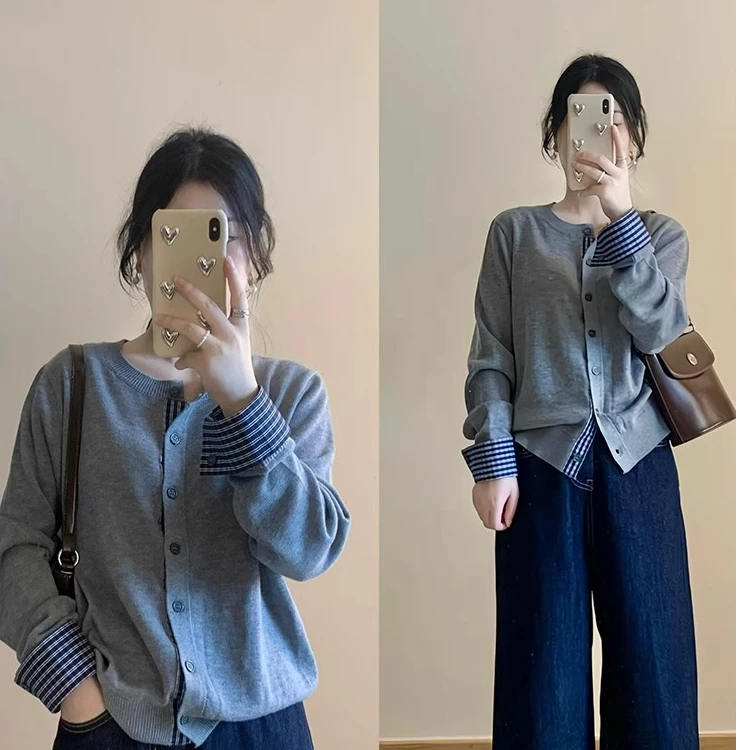 灰色小香风假两件打底衫开衫毛衣外套女秋冬慵懒高级感针织衫上衣